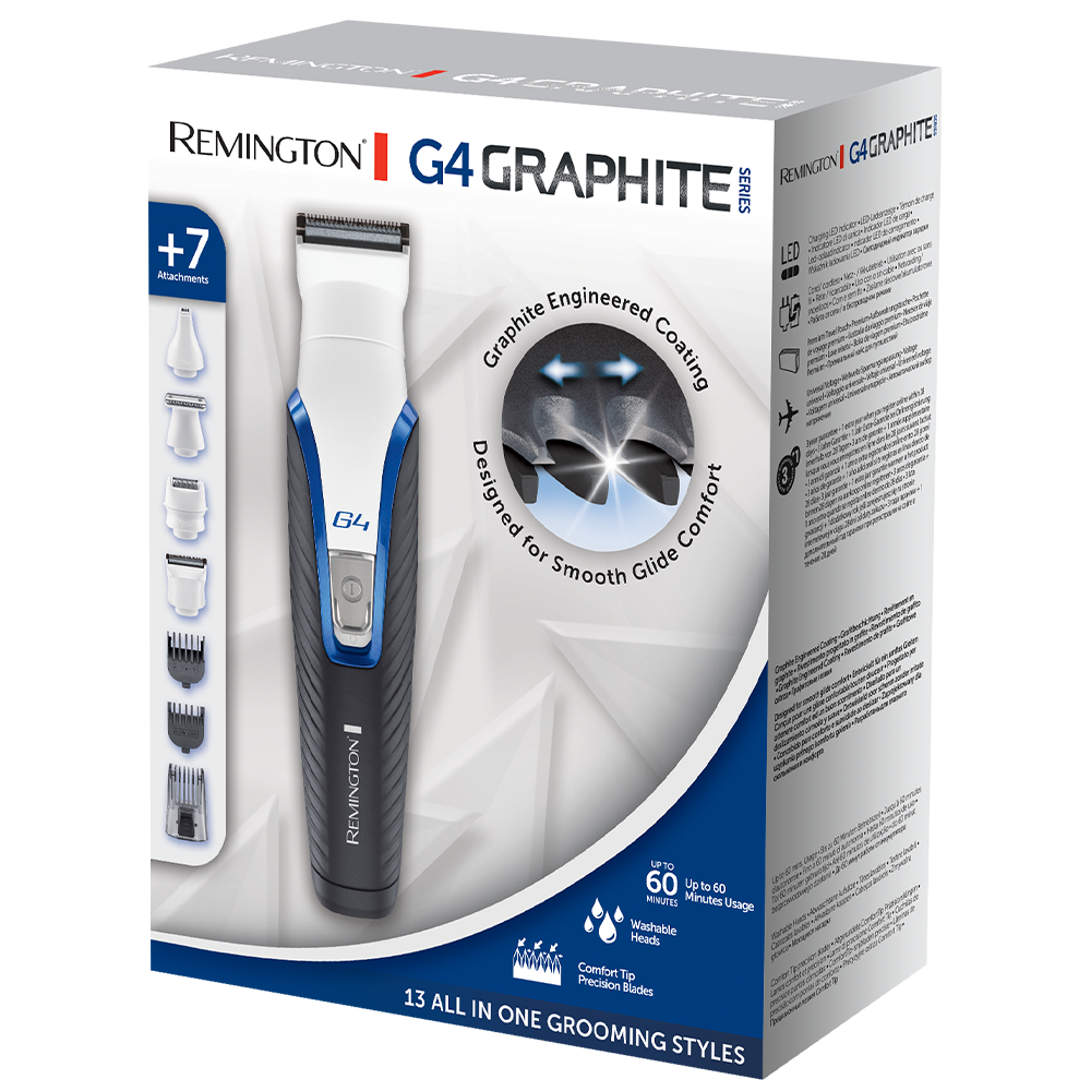 Remington G4 Graphite Series scheersetbox, met trimmer en opzetstukken. Witte achtergrond.