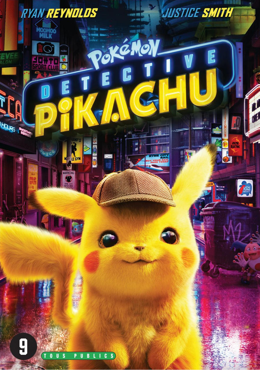 Affiche du film Détective Pikachu. Pikachu avec un chapeau de détective au premier plan.
