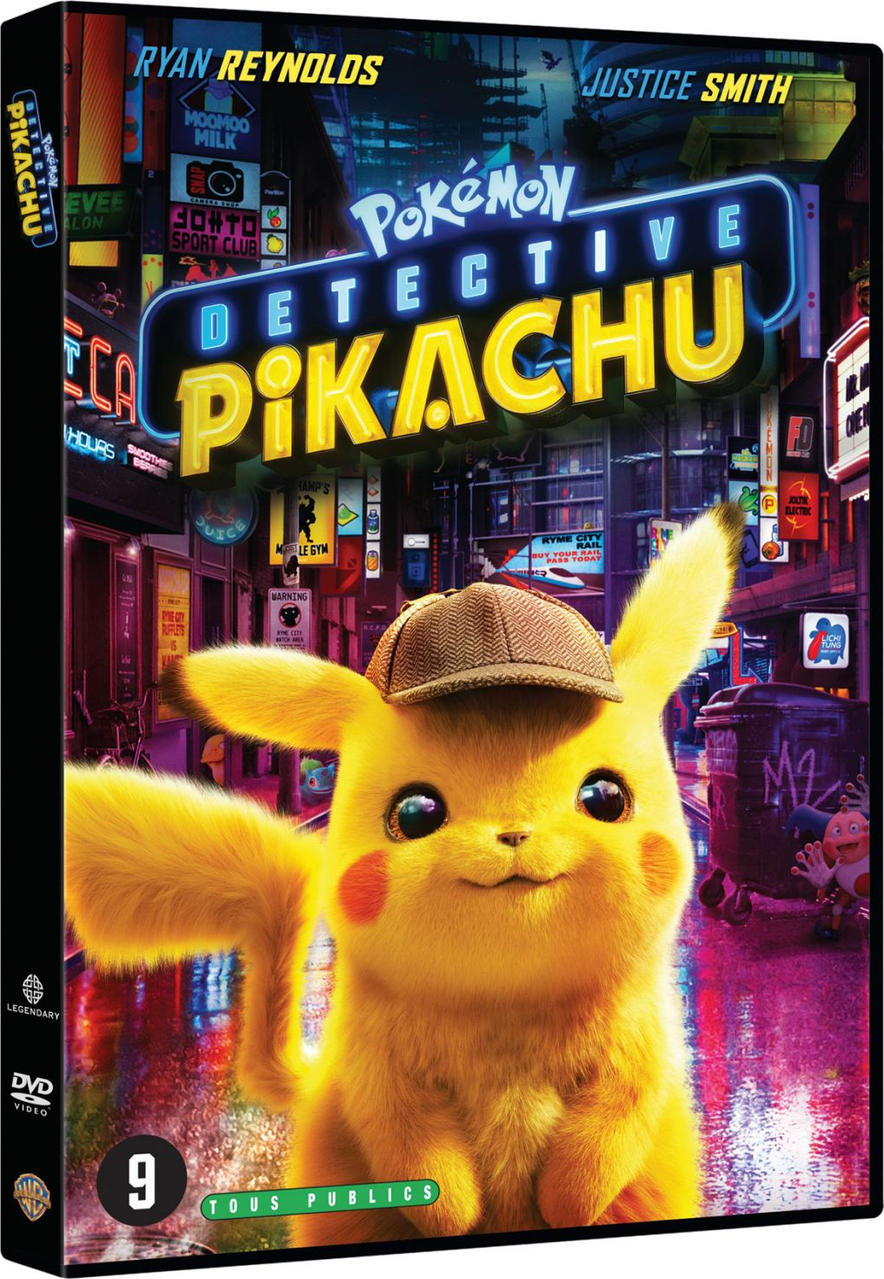 Couverture DVD de Détective Pikachu. Pikachu avec un chapeau. Fond de ville.