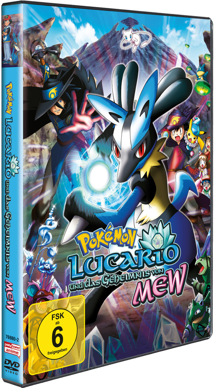 DVD-Hülle von 'Pokémon Lucario und das Geheimnis von Mew'. Zeigt Lucario und andere Charaktere.