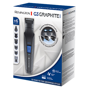 Doboz egy Remington G3 Graphite Series trimmelőhöz. A trimmelő és a tartozékok láthatók.