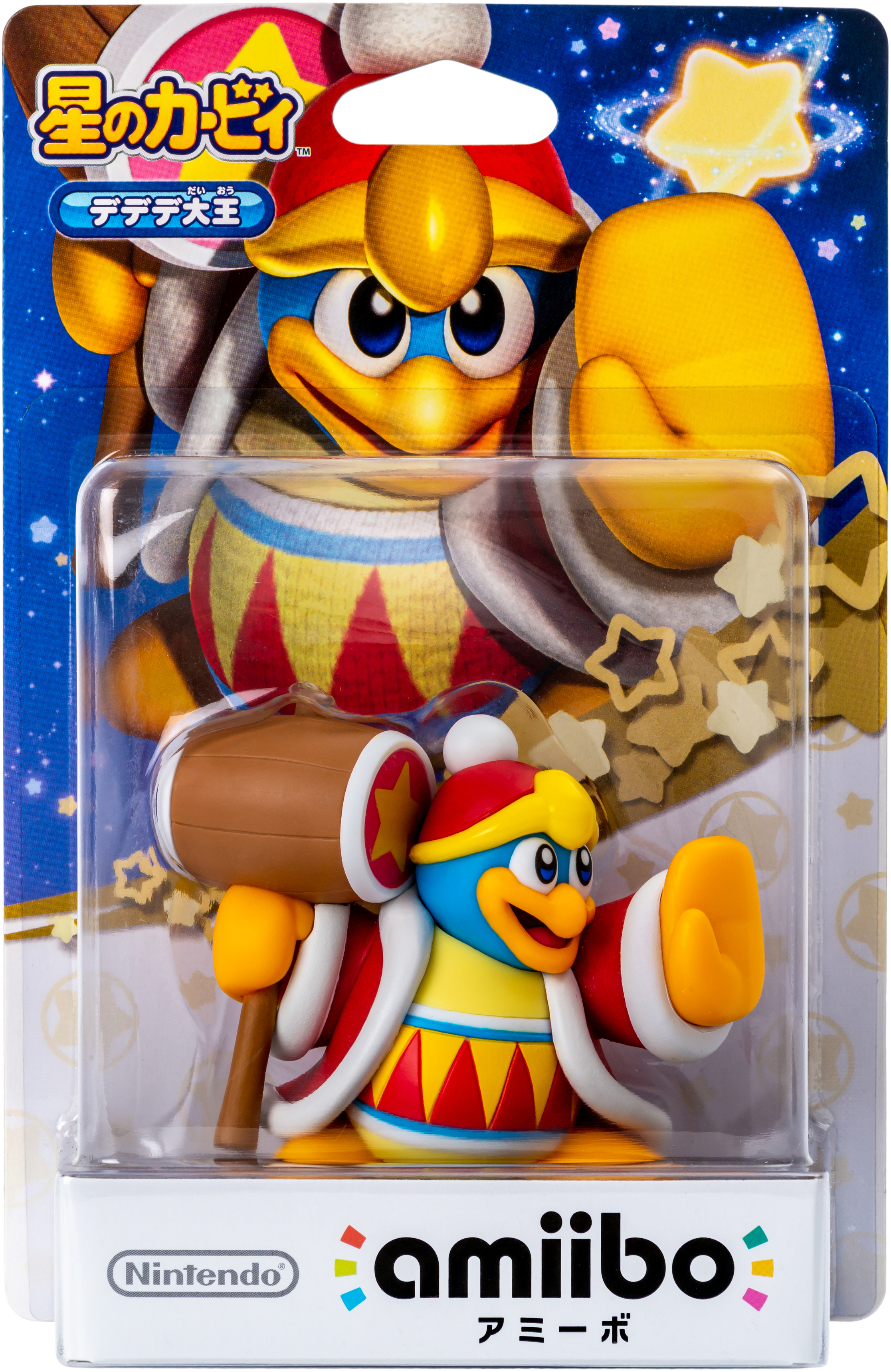 King Dedede Amiibo-Figur in Verpackung. Er hält einen Hammer und winkt.