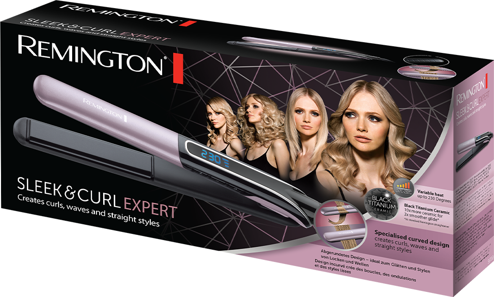 Remington hair straightener box. Models with straight and wavy hair are featured.