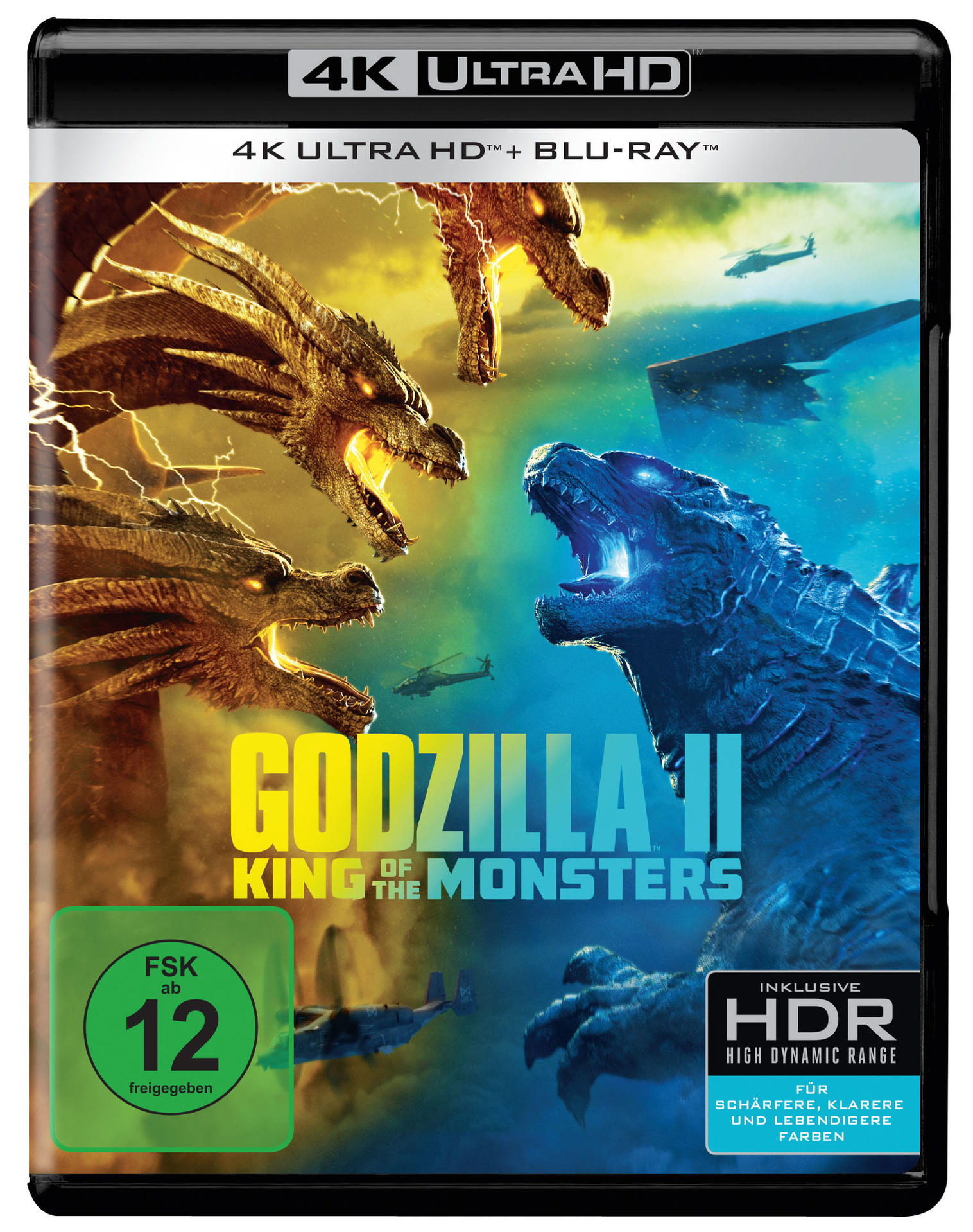 Filmcover. Godzilla und andere Monster kämpfen. Blaue und goldene Töne dominieren.