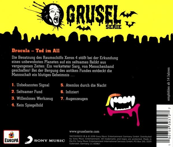 Rückseite einer CD-Hülle mit deutschem Text und einem gruseligen Gesicht-Logo.