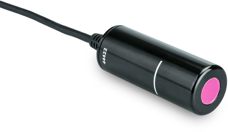 Schwarzer Sensor mit pinkem Kreis an der Spitze und schwarzem Kabelanschluss.