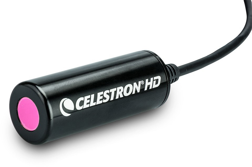 Eine schwarze Teleskopkamera mit rosa Linse und dem Celestron HD Logo.
