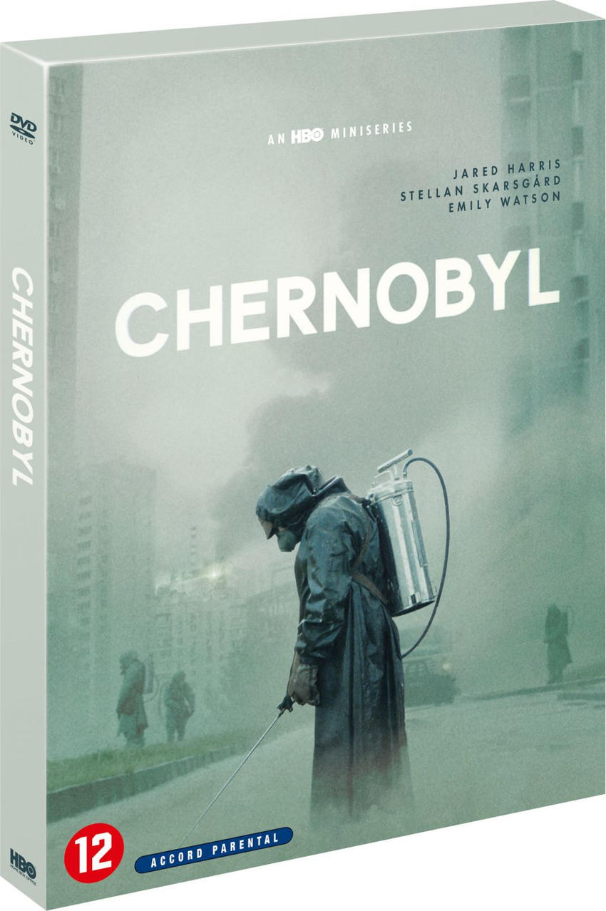 Chernobyl DVD cover: Man in hazmat suit with sprayer, age rating 12.