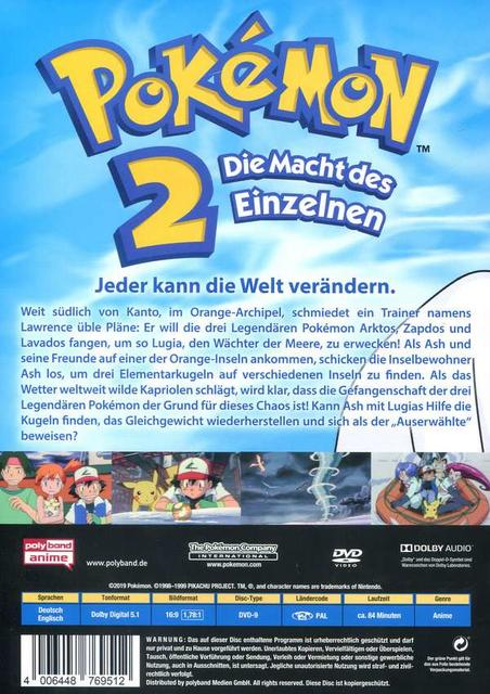 Rückseite der Pokémon 2 DVD. Text auf Deutsch, mit Comic-Bildern von Charakteren.