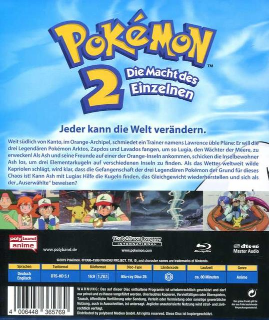 Rückseite einer Pokémon 2 DVD-Hülle. Text auf Deutsch, zeigt Charaktere und Umgebung.