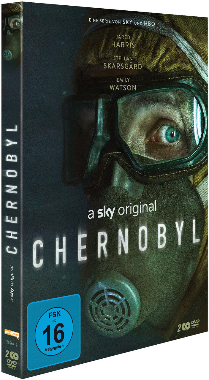 DVD-Cover für Tschernobyl. Zeigt eine Person mit Gasmaske, mit dem Serientitel und den Namen der Darsteller. Blau- und Grüntöne.