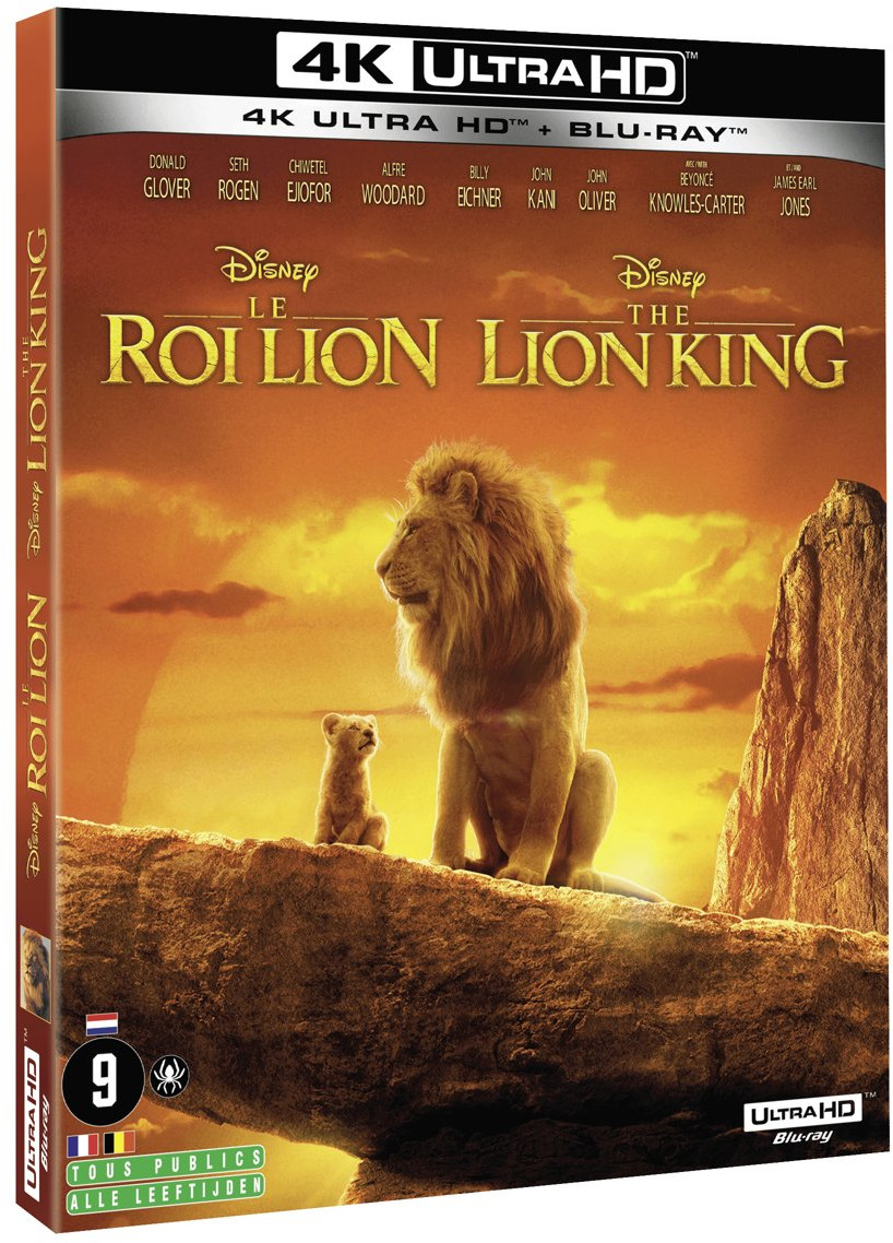 The Lion King Blu-ray box art. Leeuw en welp op rotsformatie. Achtergrond zonsondergang.