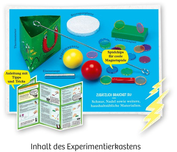 Inhalt des Experimentierkastens. Enthält Objekte, ein Heft und Text auf Deutsch. Mit Kugeln und Metallteilen.