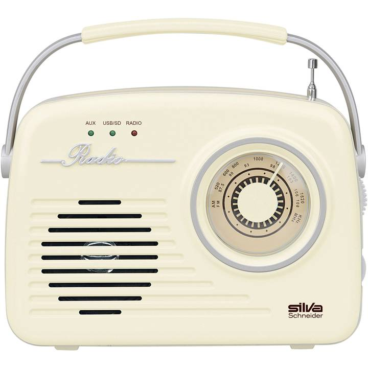 Cremefarbenes Vintage-Radio mit Griff und Skala, zeigt Radiosender.