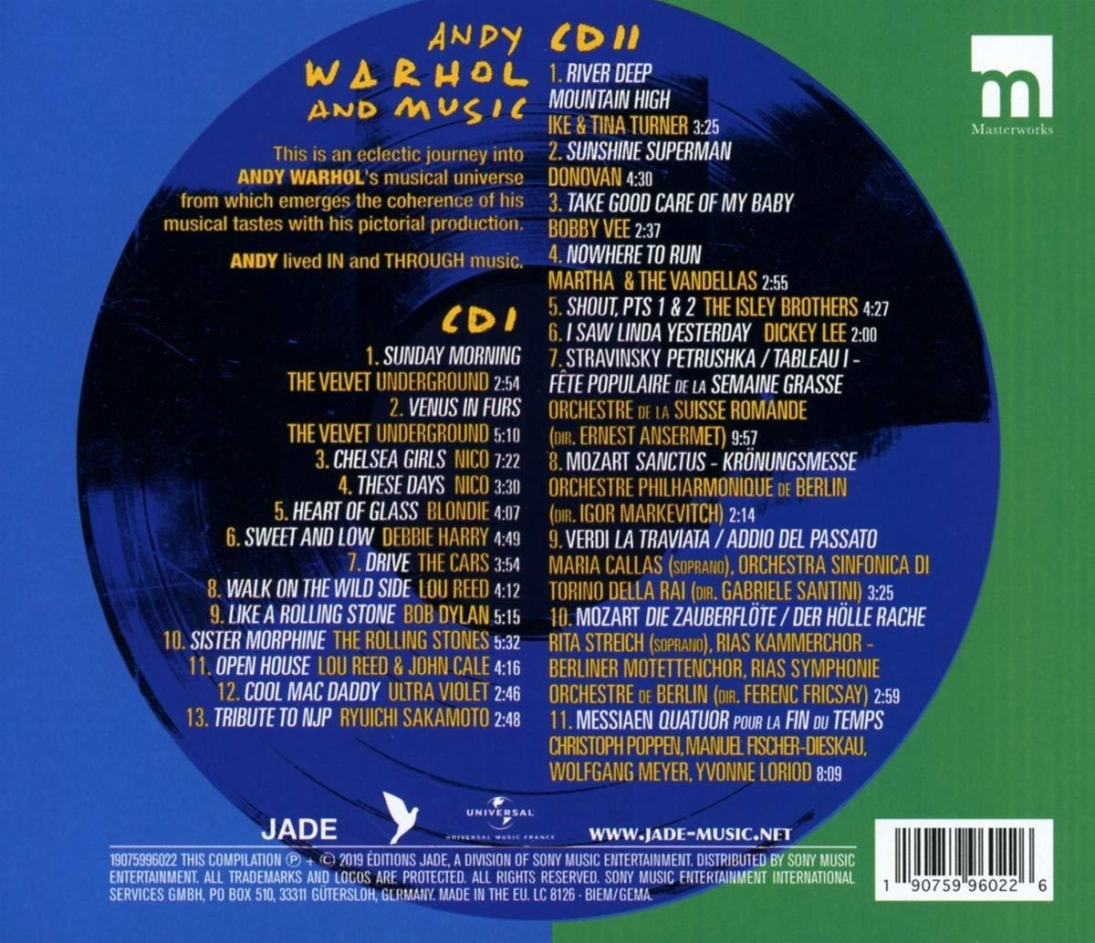 Dos de l'album avec texte sur Andy Warhol et la musique, et un logo.