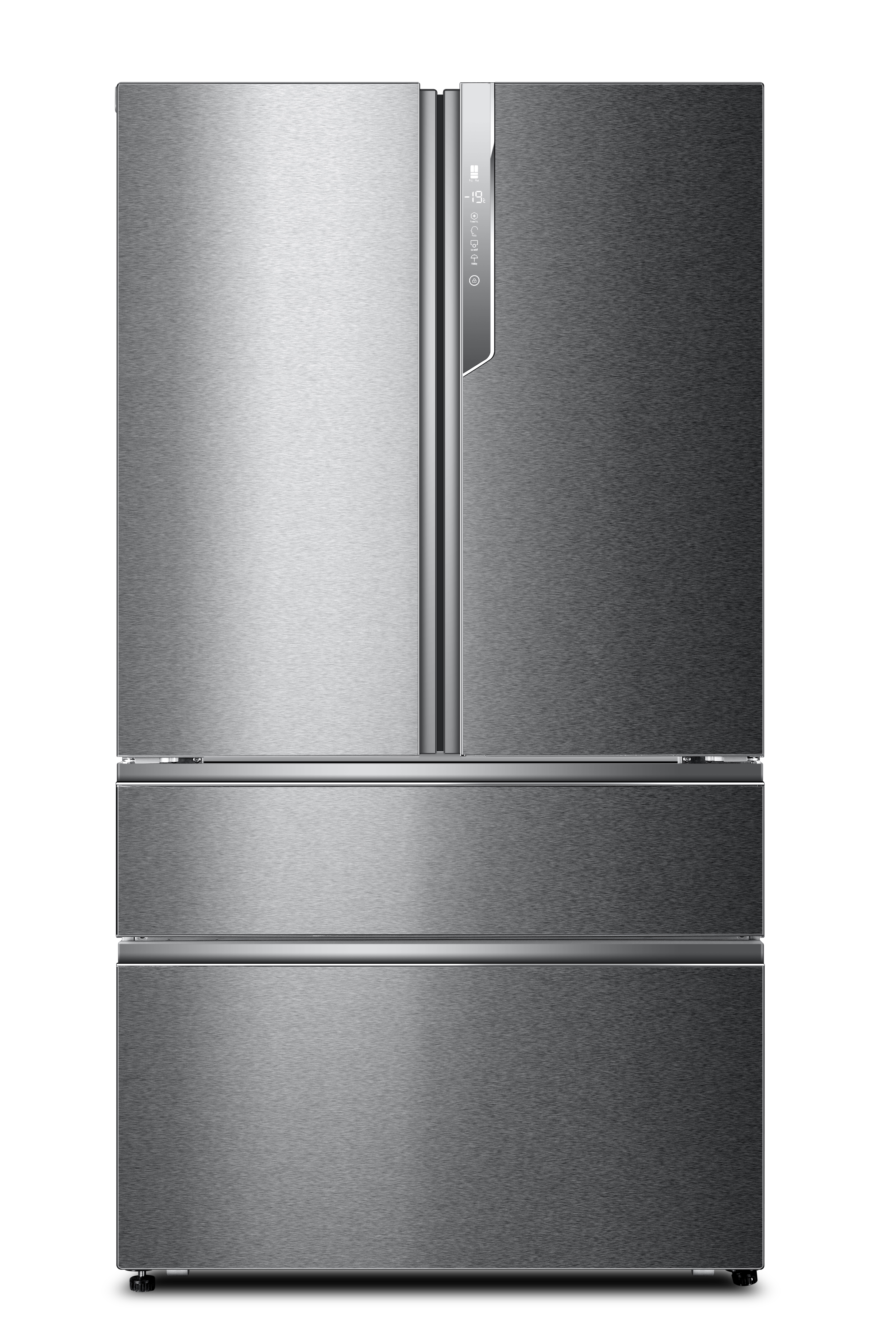 Haier Kühlschrank aus Edelstahl, Dreifach-Türen-Design mit Gefrierschubladen unten.