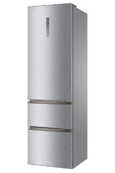 Un refrigerador plateado con dos cajones y una pantalla en la puerta.