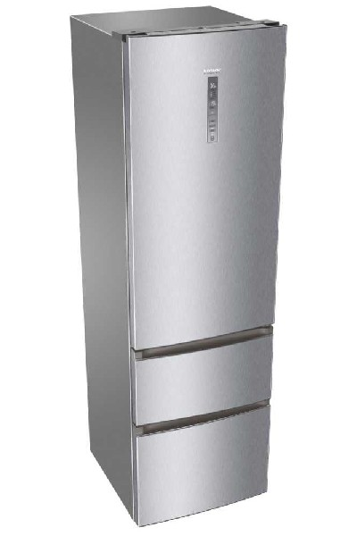 Un refrigerador plateado con tres cajones. El refrigerador tiene una pantalla digital.