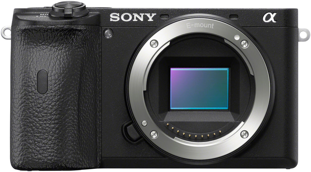 Egy fekete Sony Alpha kamera E-bajonettel, objektívvel és különböző gombokkal. A háttér fekete.