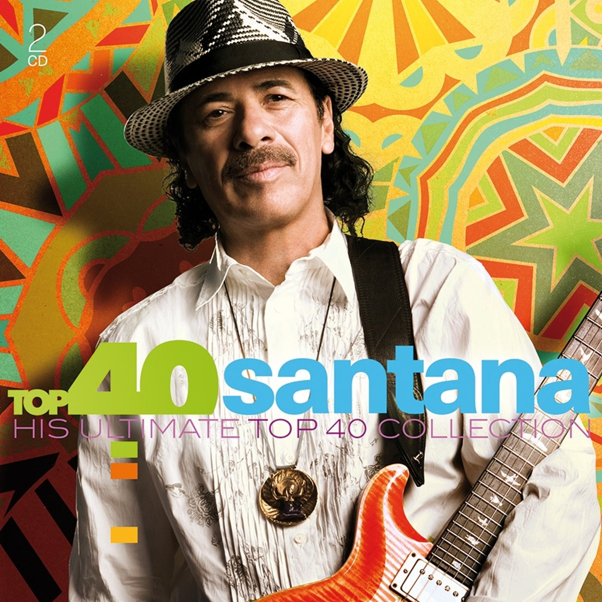 Pochette de l'album Santana. Santana avec une guitare, portant un chapeau, devant un fond coloré.