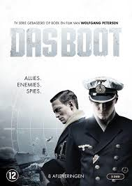 Affiche du film Das Boot. Deux hommes en uniforme, l'un regardant en arrière. Texte en allemand. Fond blanc avec une grille de lignes bleues.