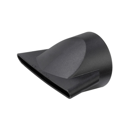 Una boquilla negra de secador de pelo. Tiene forma de cono. La boquilla está sobre un fondo blanco.