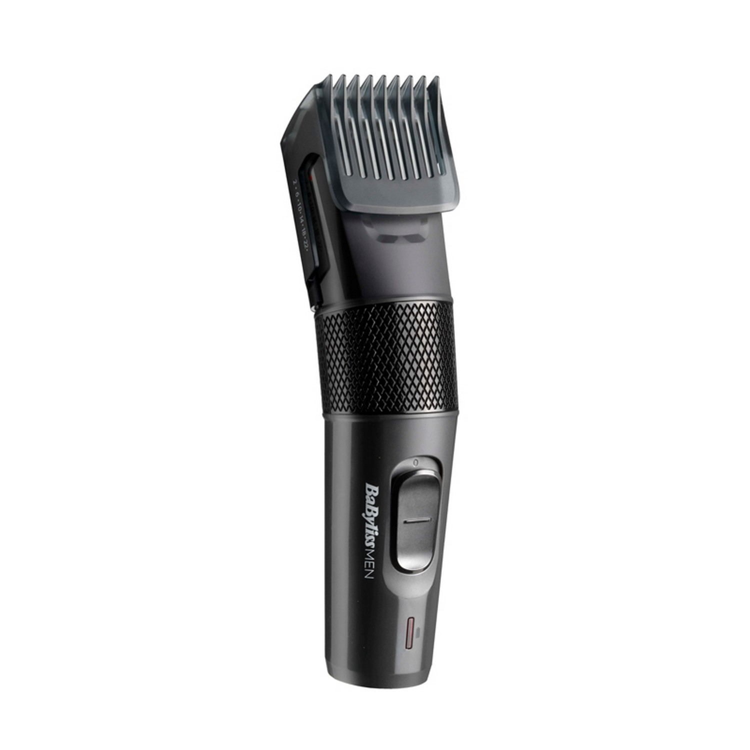 Una recortadora de barba Babyliss negra con un accesorio de peine gris.