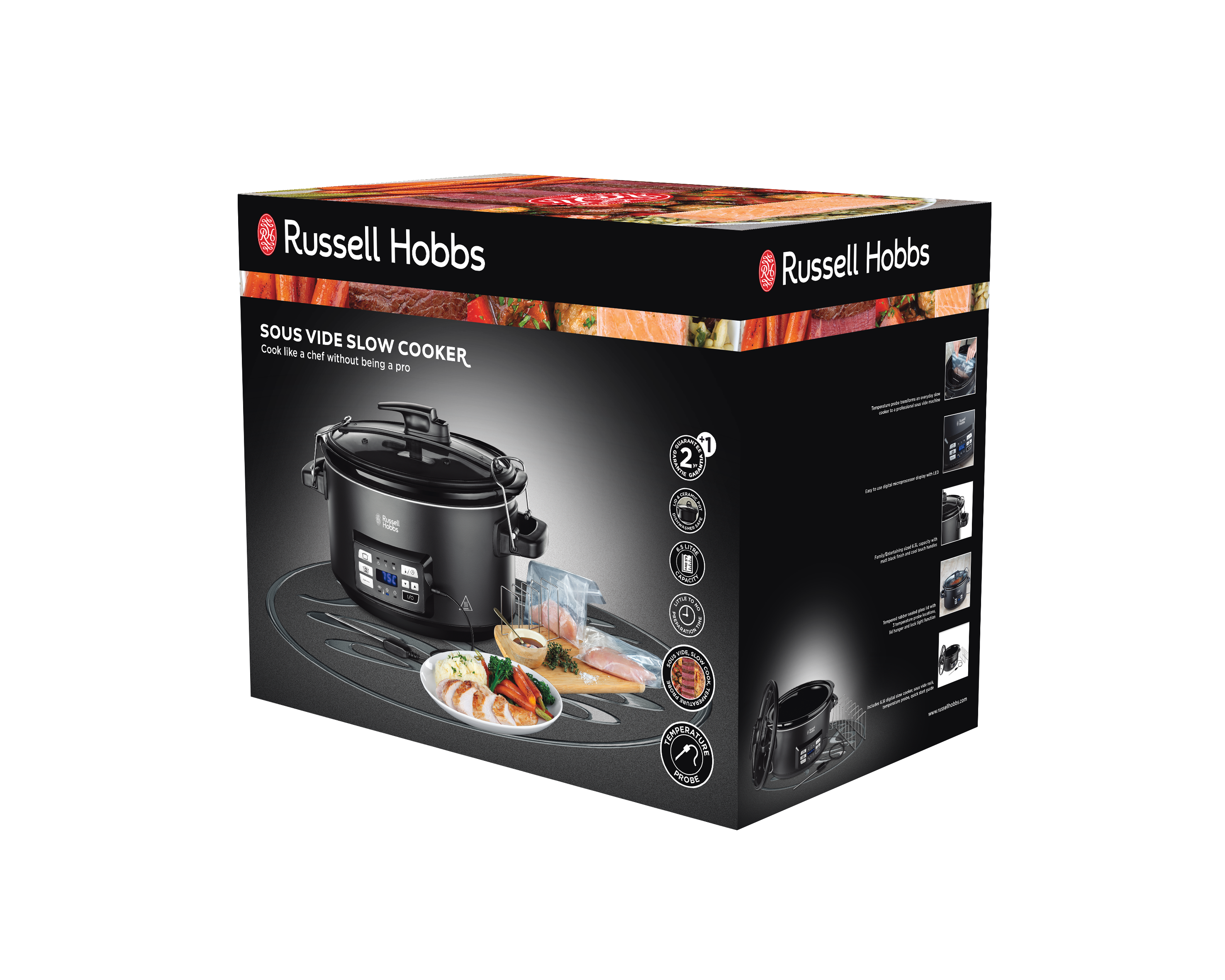 Russell Hobbs Sous Vide lassúfőző doboz termékképekkel.