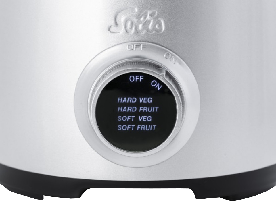Gros plan sur un cadran d'appareil Solis avec des réglages tels que "Hard Veg" et "On/Off"