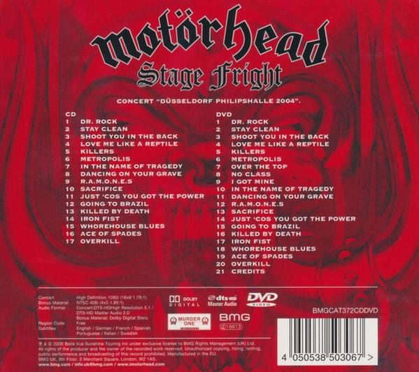 A Motörhead 'Stage Fright' koncert DVD-jének borítója. Piros háttér, számlistával, a zenekar logójával.