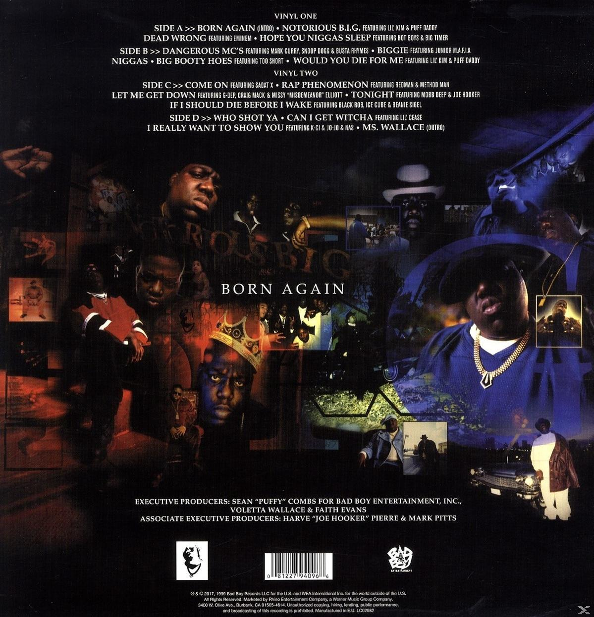 Album borító Notorious B.I.G.-gel és tracklistával. Sötét háttér.