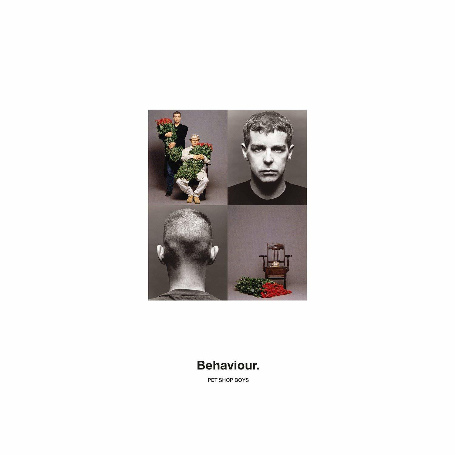 Több kép emberekről és egy székről. Alul a szöveg: 'Behaviour' és 'PET SHOP BOYS'.