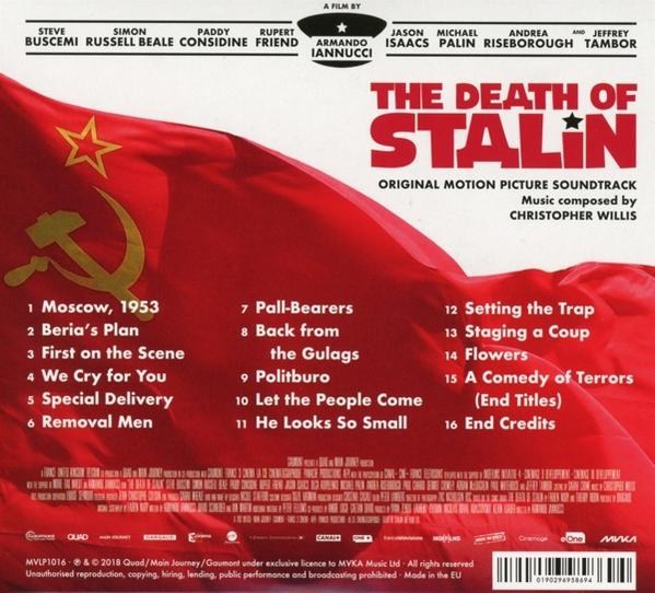 A The Death of Stalin filmzene hátlapja. Számlista, szereplők és stáblista.