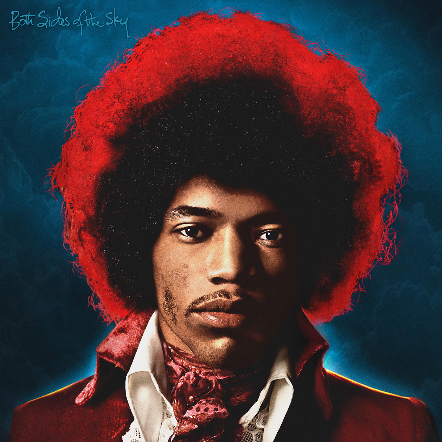 Album borító, Jimi Hendrix. Közelkép az arcáról, vörös hajjal és piros inggel.