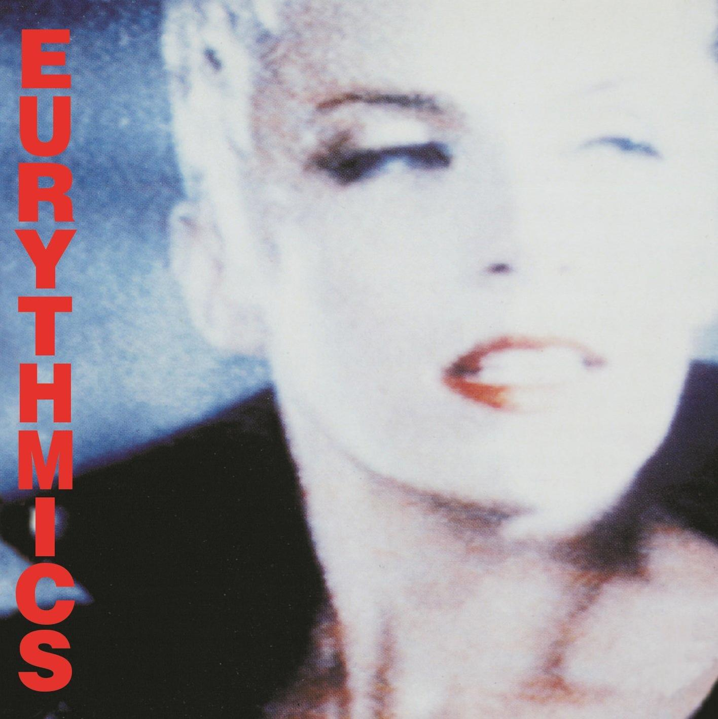 Album borítója: Egy női arc elmosódott képe, a 'Eurythmics' szóval piros színnel.
