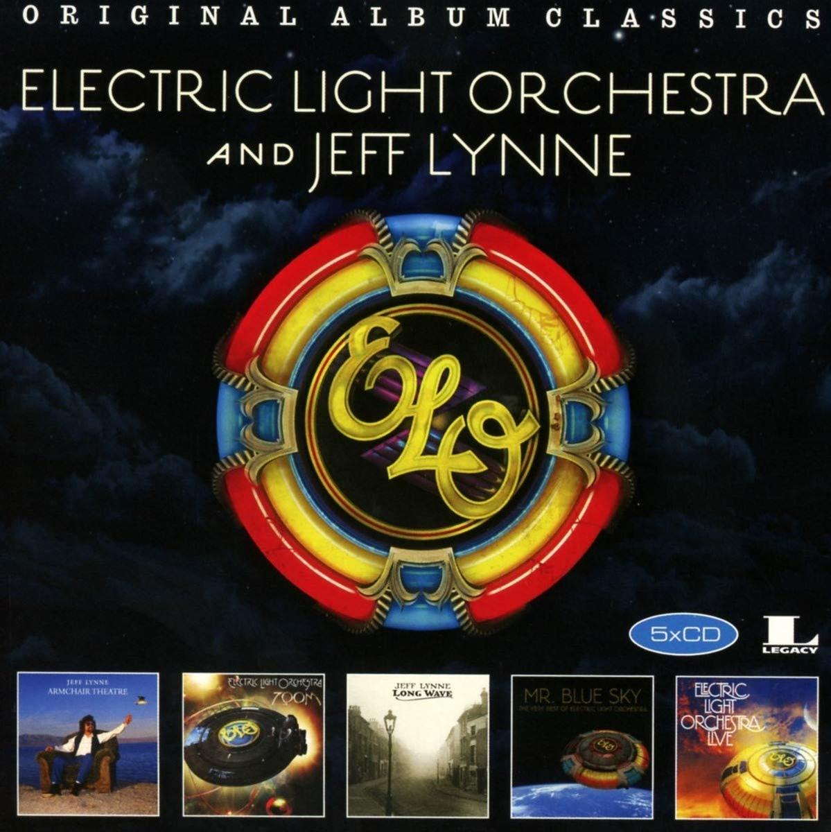 Album borító öt CD-vel. 'ELECTRIC LIGHT ORCHESTRA' cím kék és sárga logóval.