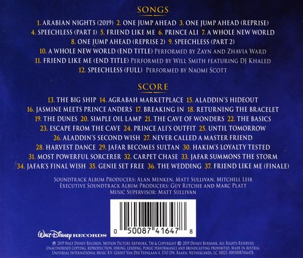 Szöveg az Aladdin filmzenéből, dalokat és partitúra címeket sorol fel kék háttérrel.