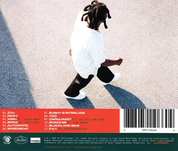Egy CD-borító, amin egy férfi sétál, és daltitulusok listája egy piros háttér előtt.