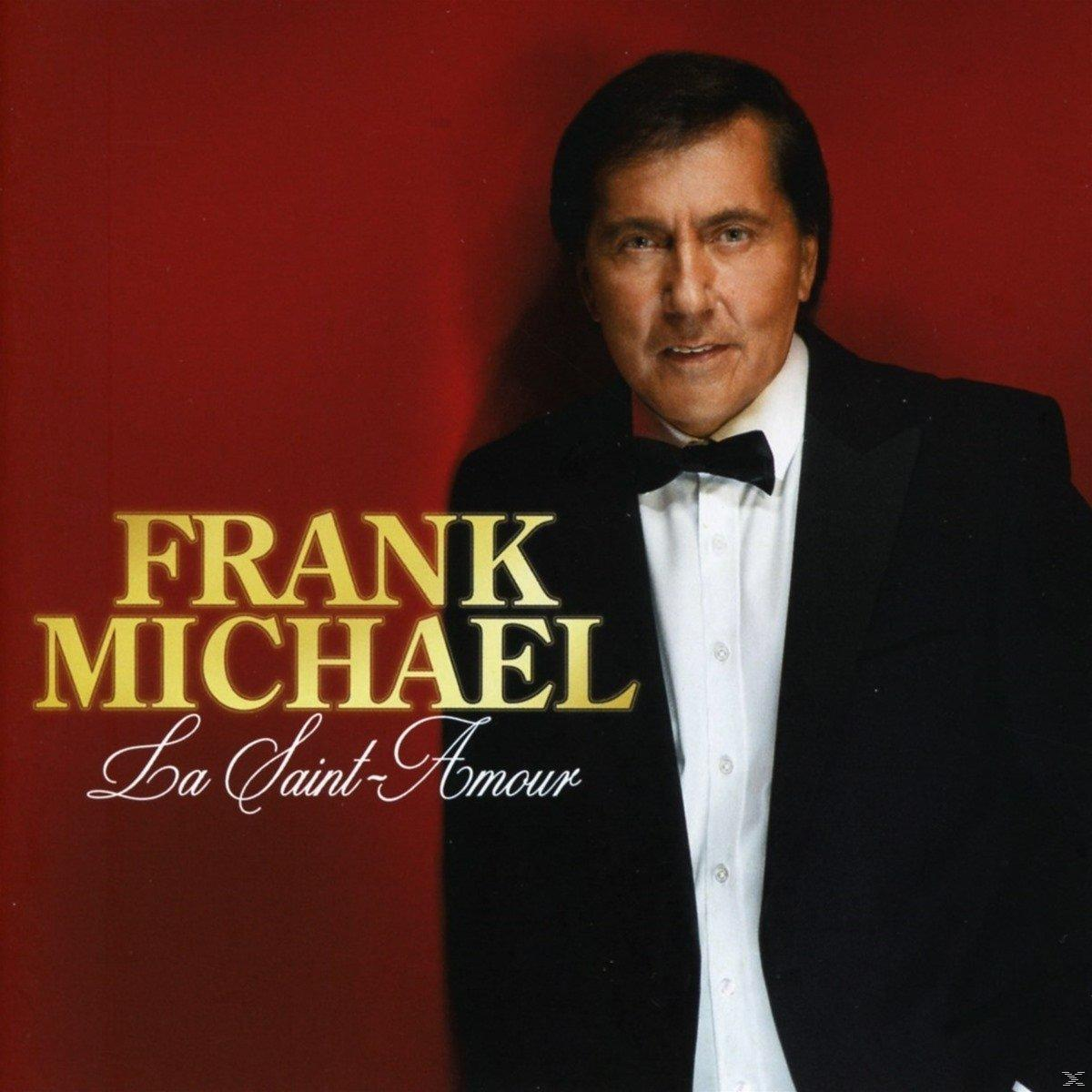 Frank Michael albumhoes. Een man in een pak met een vlinderdas. De titel staat in gouden letters op een rode achtergrond.