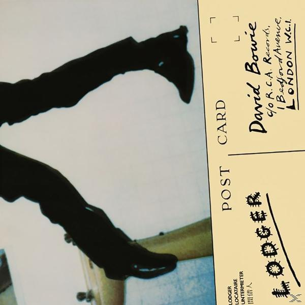 David Bowie album cover, legs in boots, text 'LODGER' and 'David Bowie'. Beige and black background.