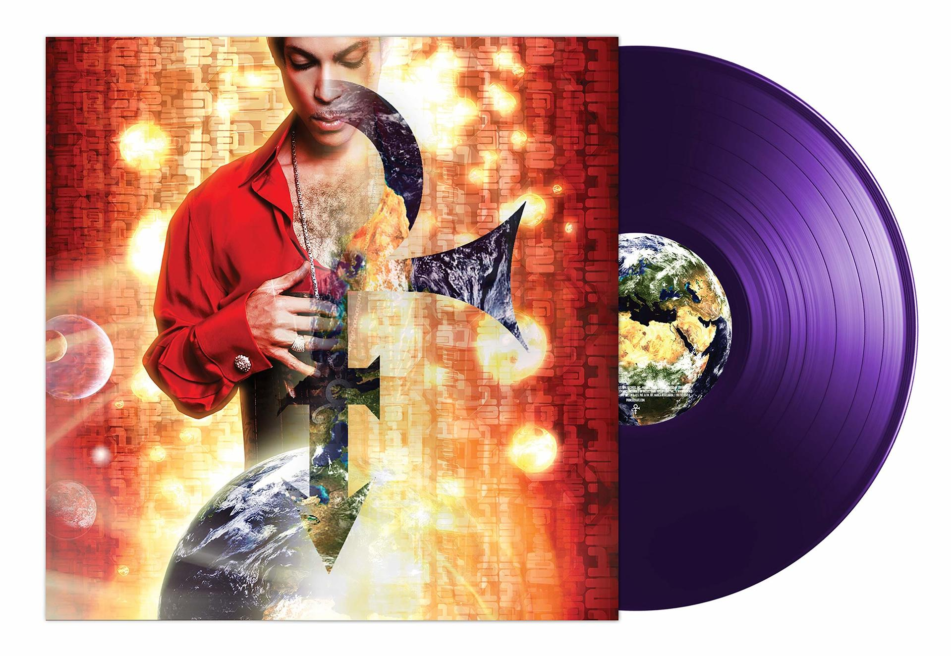 Pochette d'album avec l'image de Prince et un disque vinyle violet.