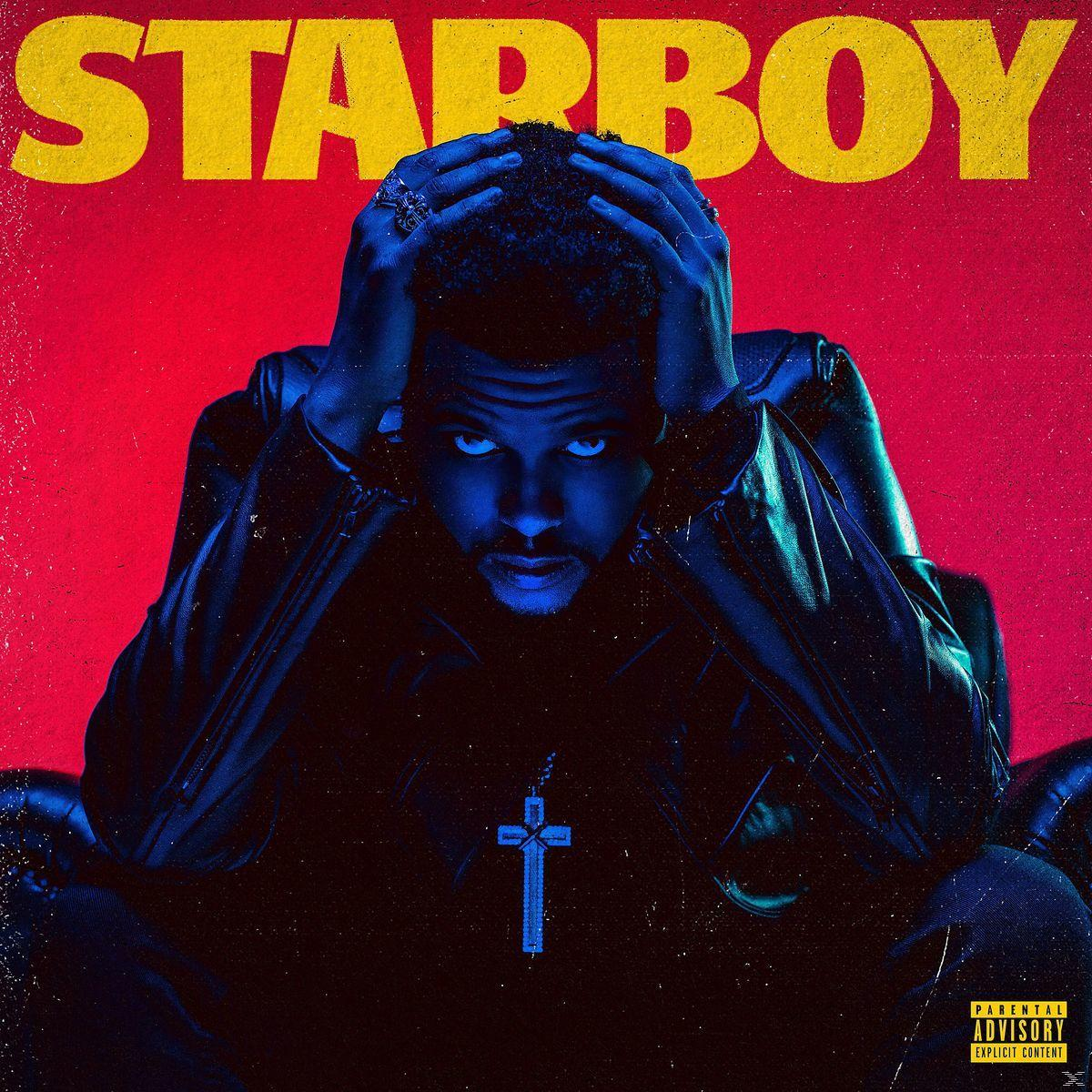 Album borító: The Weeknd a fején a kezével, a STARBOY címmel.