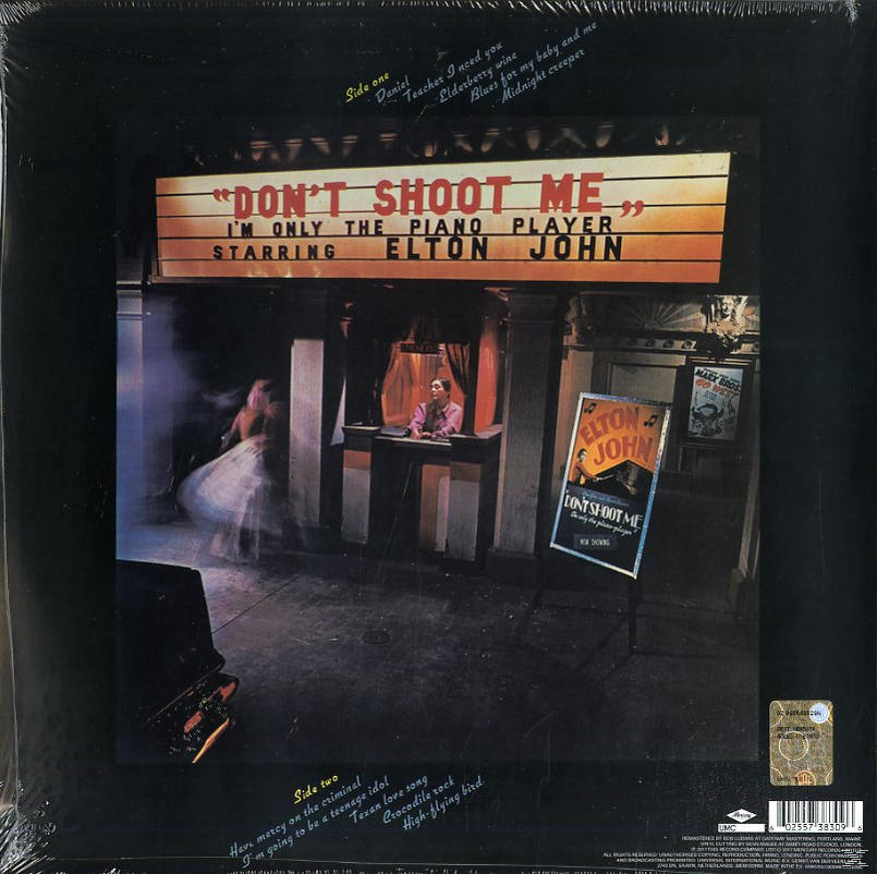 Album borító: Elton John 'Don't Shoot Me'. Egy színpadi jelenetet mutat egy felirattal, zongorával és figurákkal. Két poszter is látható.