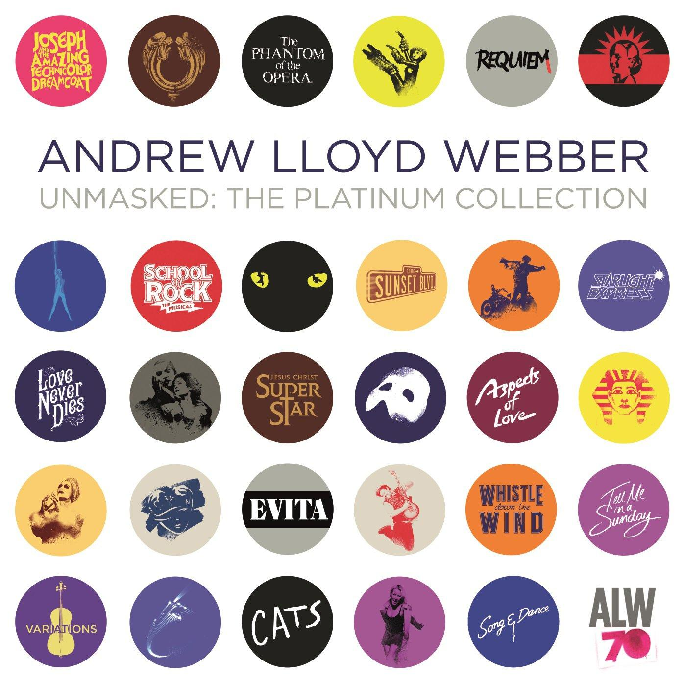 Andrew Lloyd Webber album borítója több zenei logóval és szöveggel, ALW 70 logó.