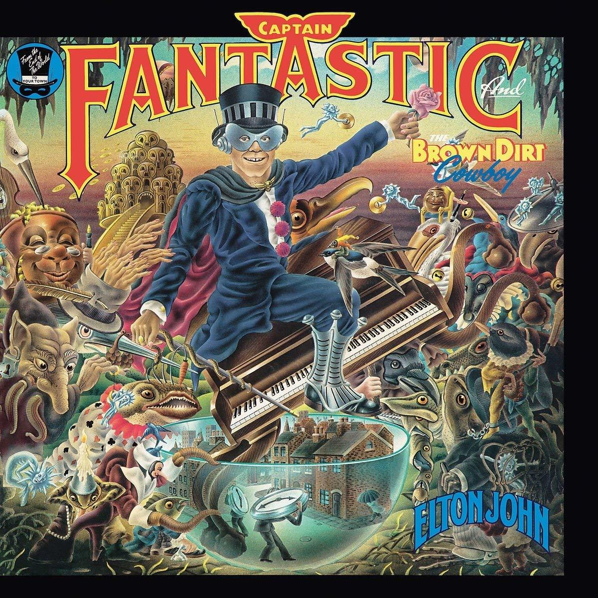 Elton John Captain Fantastic and the Brown Dirt Cowboy című albumának borítója. Fantasztikus rajzfilm jelenet.