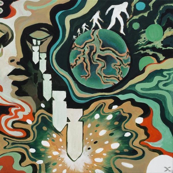 Albumcover mit einer surrealen Illustration eines Gesichts, eines Planeten und sich entwickelnder Figuren.