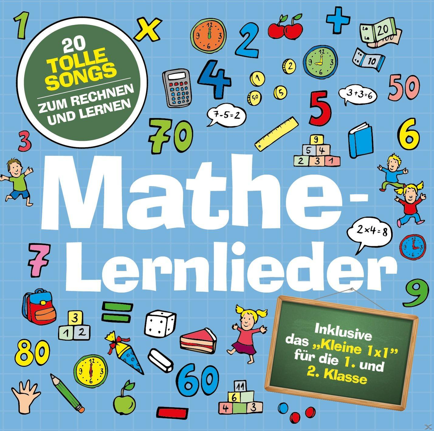 Albumcover mit Mathe-Symbolen und Kindern. Titel ist Mathe- Lernlieder. Eine Tafel mit Text befindet sich unten rechts.