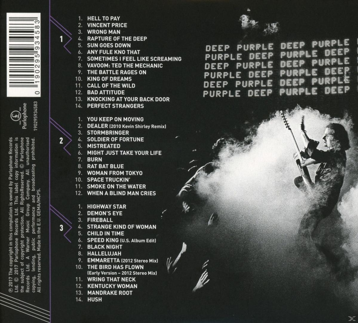 Albumcover mit Titelliste. Lila und schwarzes Design mit Foto eines Gitarristen.