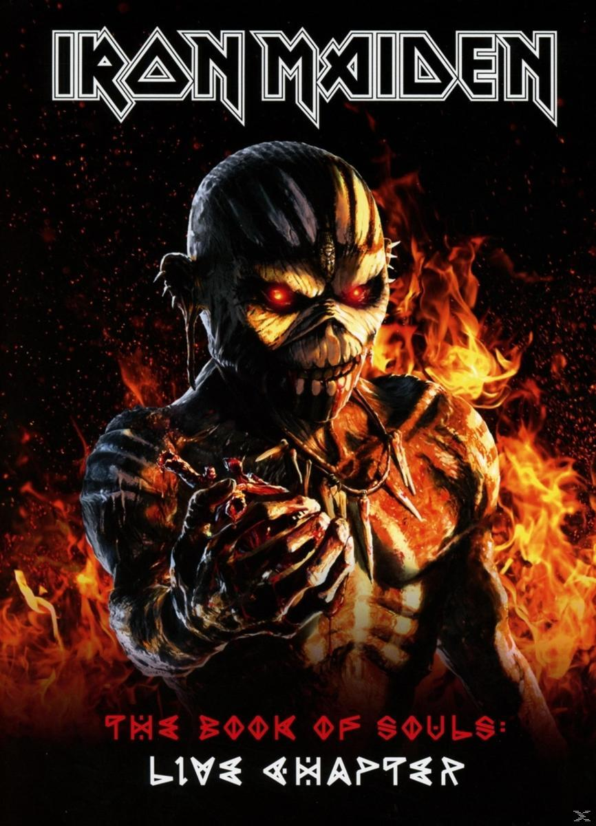 Iron Maiden Albumcover. Dämonfigur mit roten Augen und Flammen, hält Herz, dunkler Hintergrund.