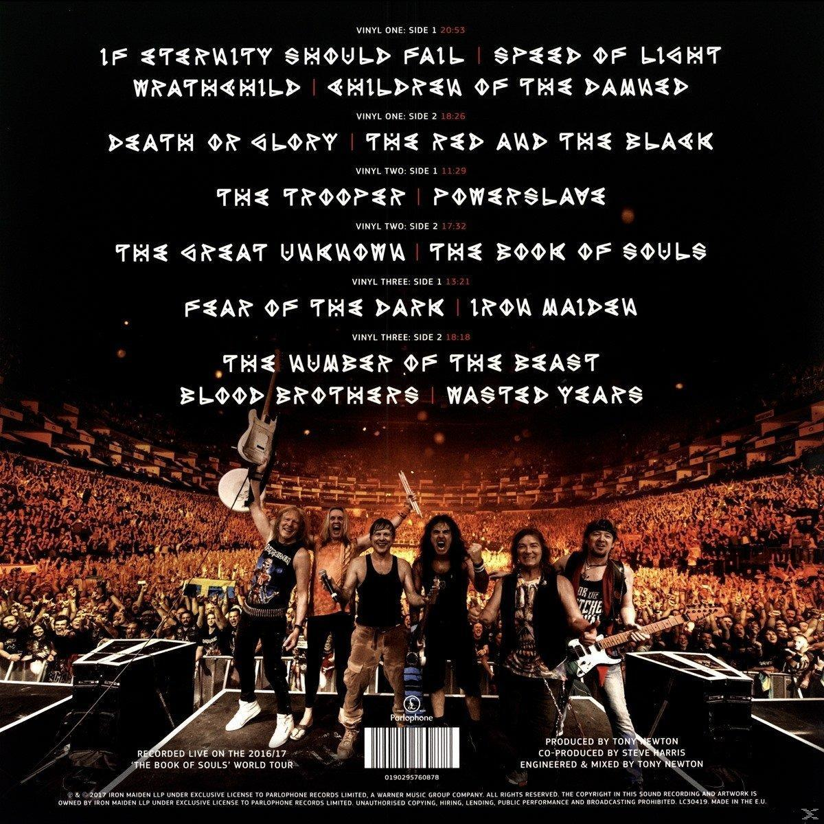 Albumcover mit Band auf der Bühne, Titelliste und einer Schallplatte mit Spieldauern.